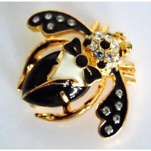 Joan Rivers Tuxedo Bee Pin Brooch Black Onyx Crystal Black Tie Enameled Gold Vtg
